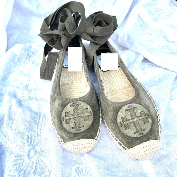 Tory Burch Shoes - Tory Burch-Suede Minnie Ballet Espadrille in Olive, wrap around ankle straps,7.5